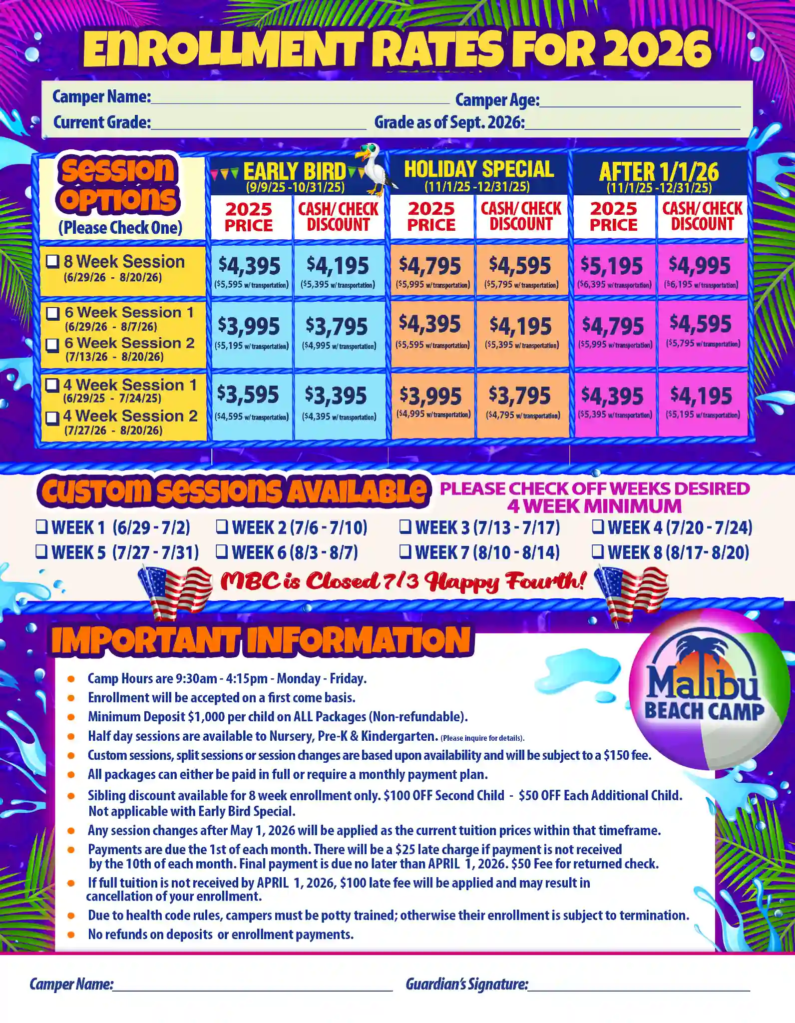 Malibu Beach Camp Rates